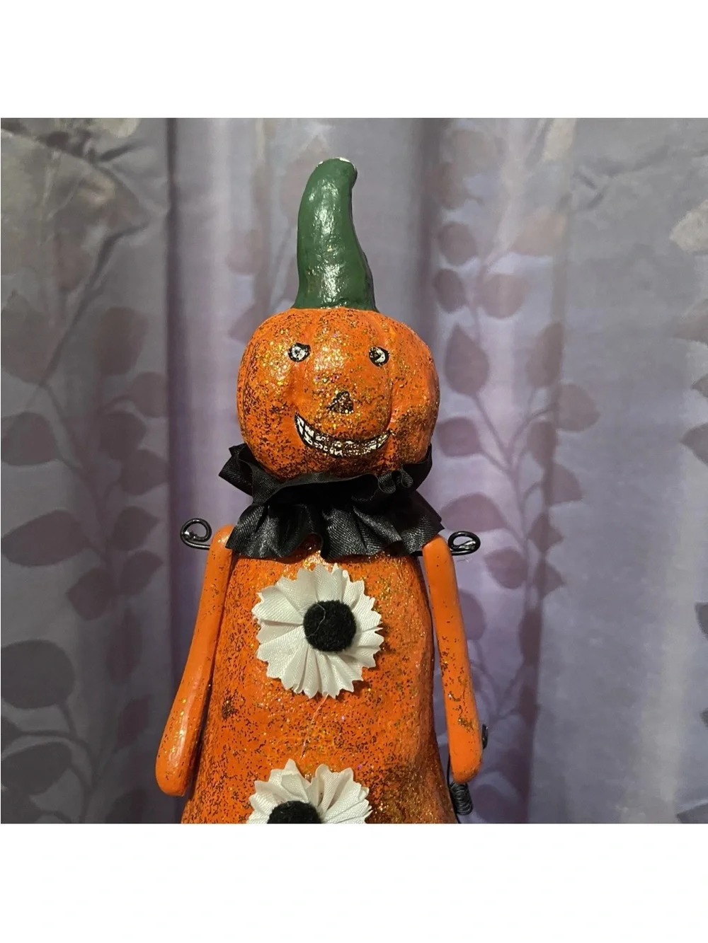 RARE Pier 1 Pumpkin Head With Cat Halloween Figurine Folk Art  Glittery 15½